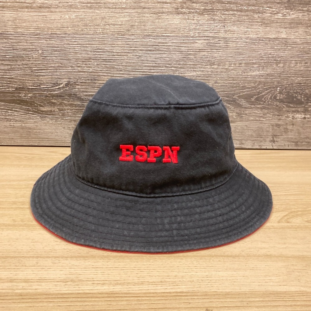 Vintage ESPN Hat Cap Bucket Black Red Sports Network TV Promo Logo Sun Summer‎